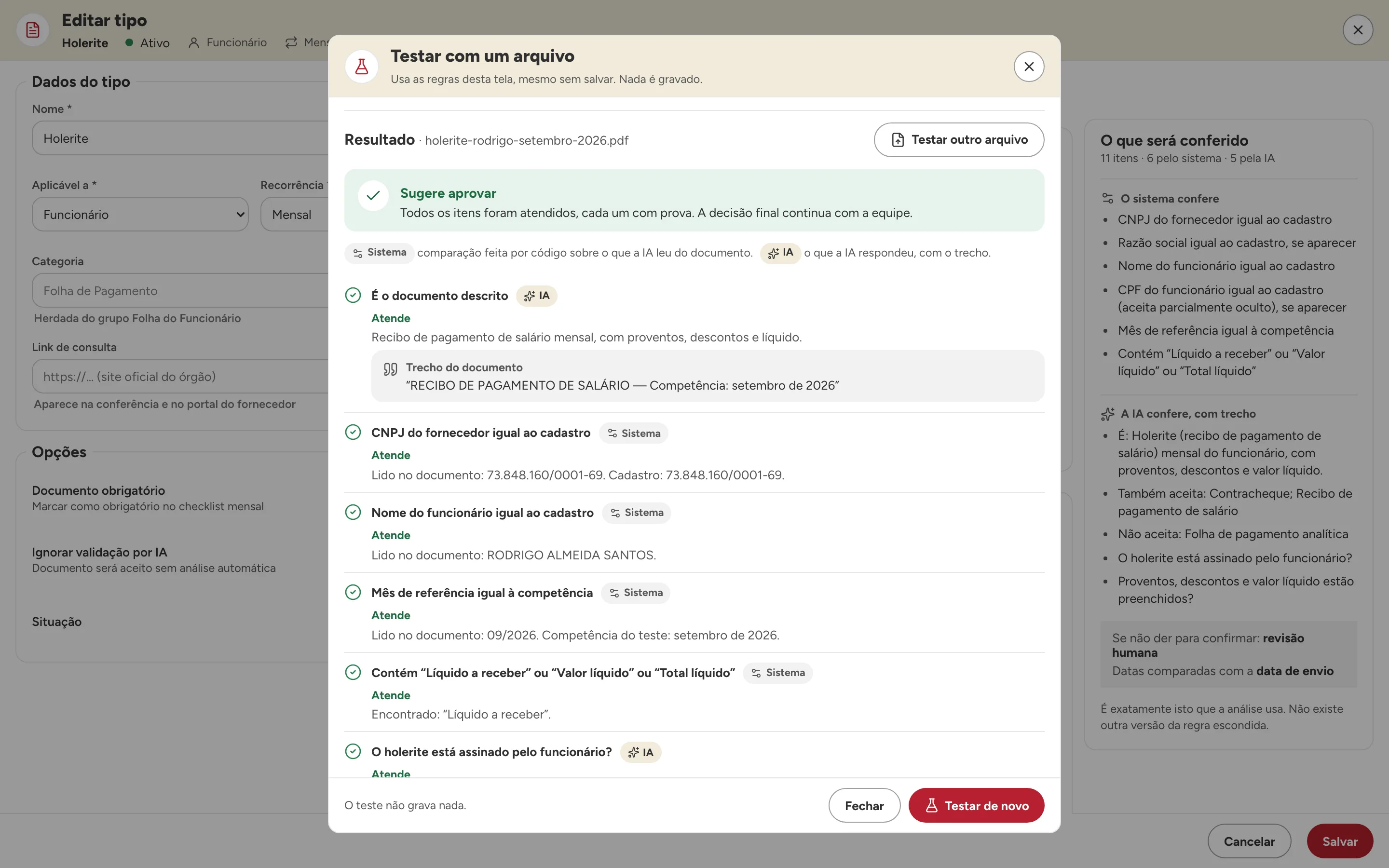 Teste de uma regra com um holerite: cada item com o resultado, a origem (sistema ou IA) e o trecho lido no documento