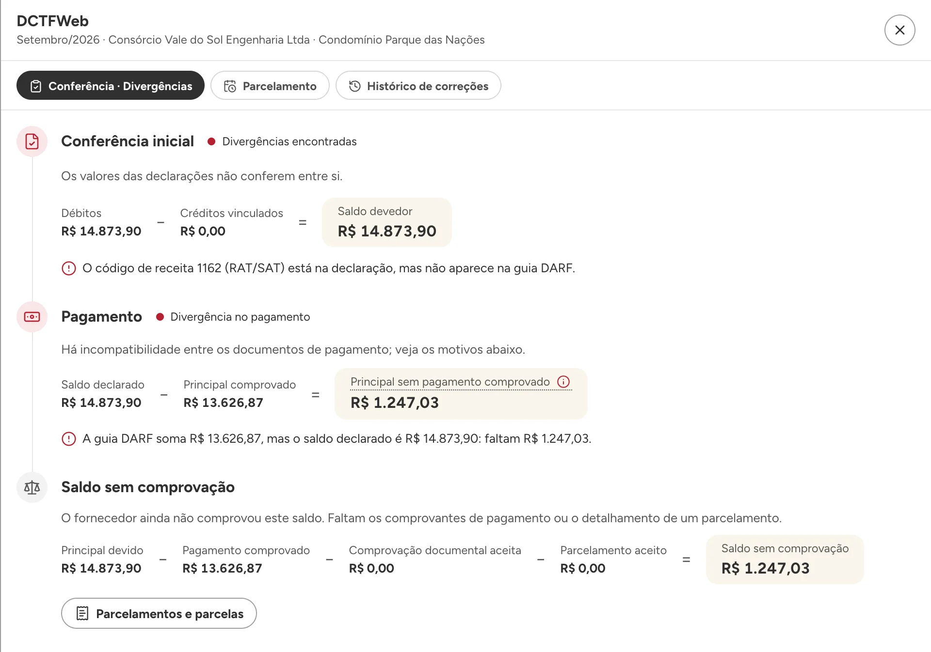 Conferência da DCTFWeb com a divergência apontada, com o valor e o código que não bateram