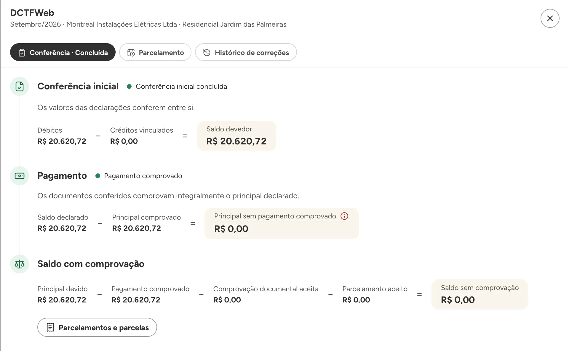 Conferência DCTFWeb concluída: declaração, guia e comprovante batendo
