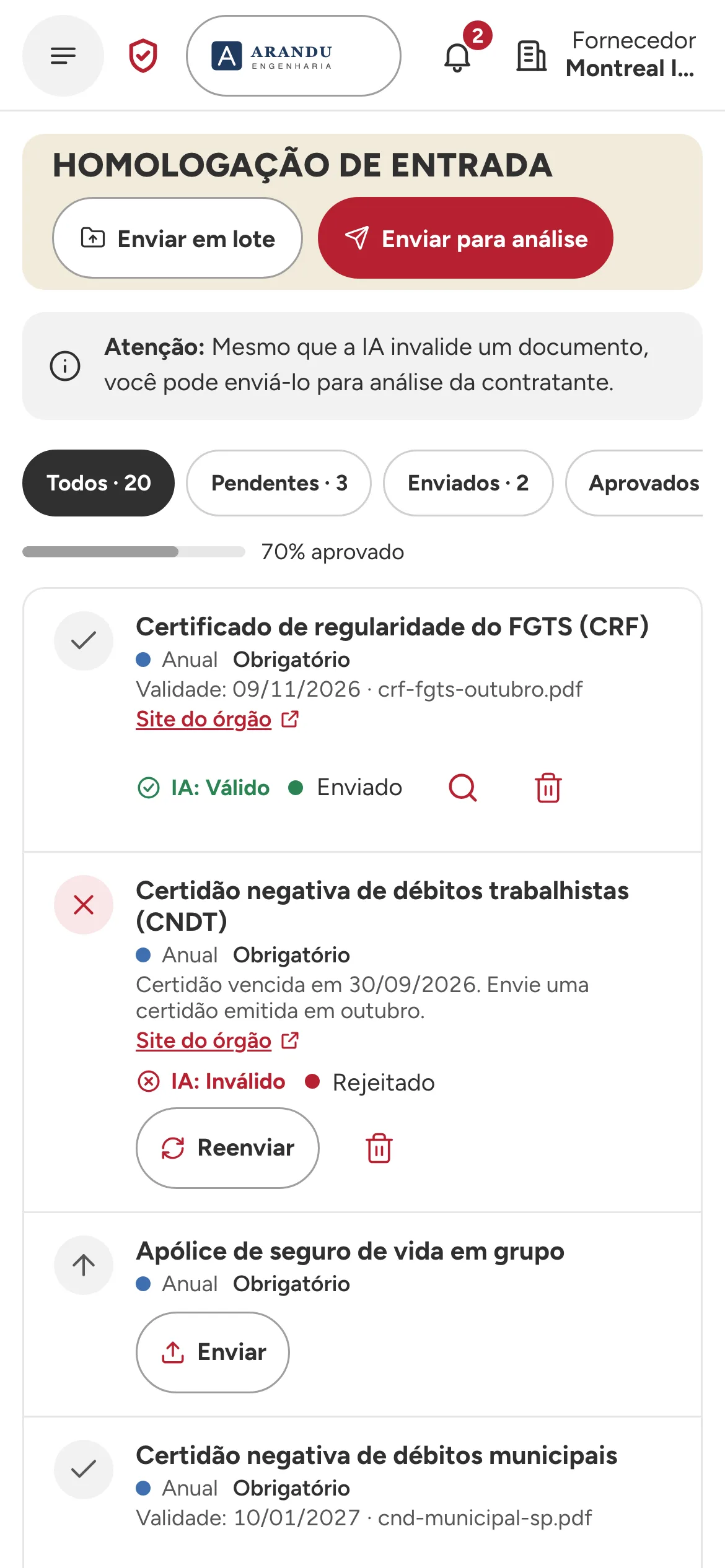 Homologação de entrada no celular