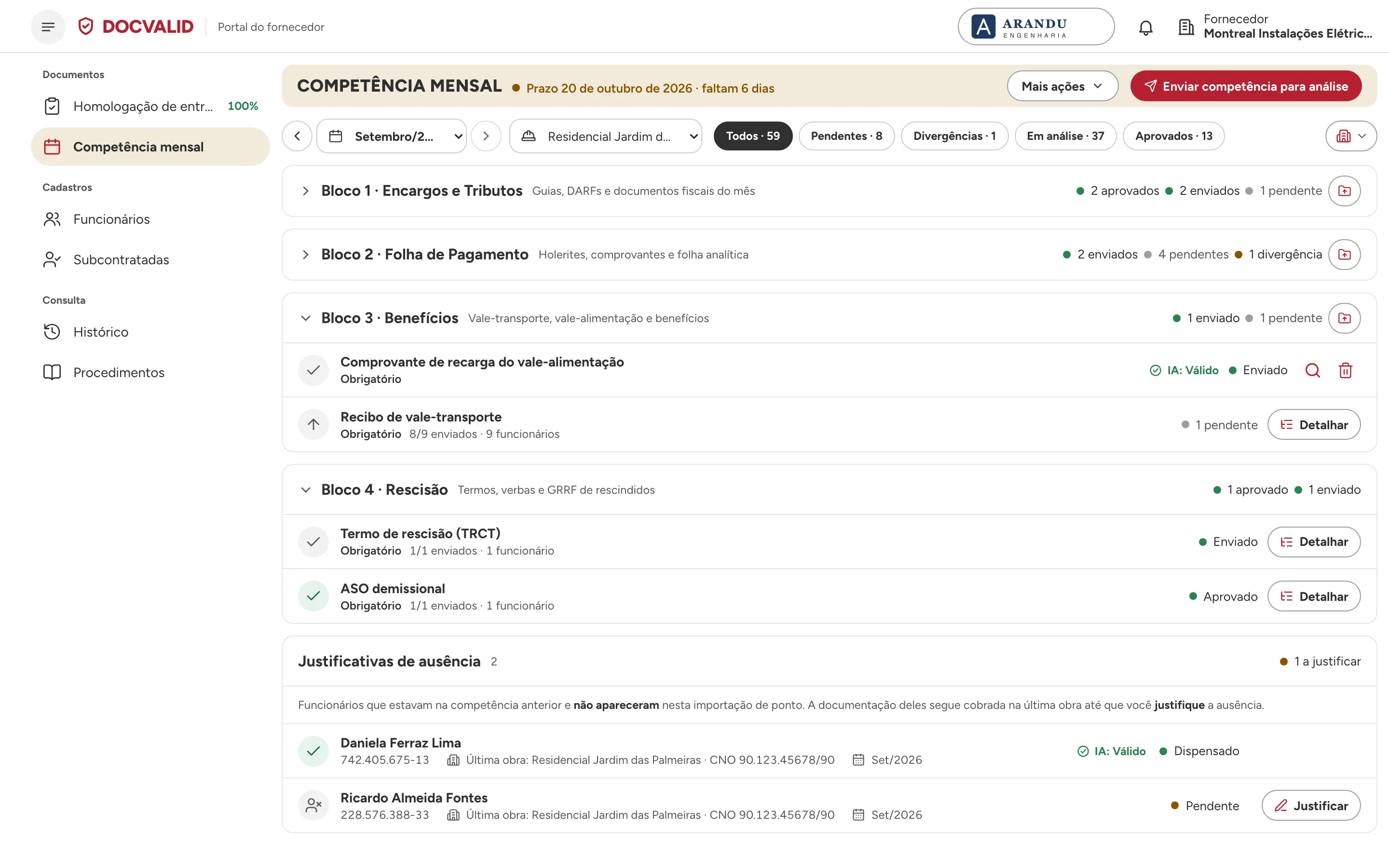 Ausências de funcionários com justificativa e atestado analisado pela IA